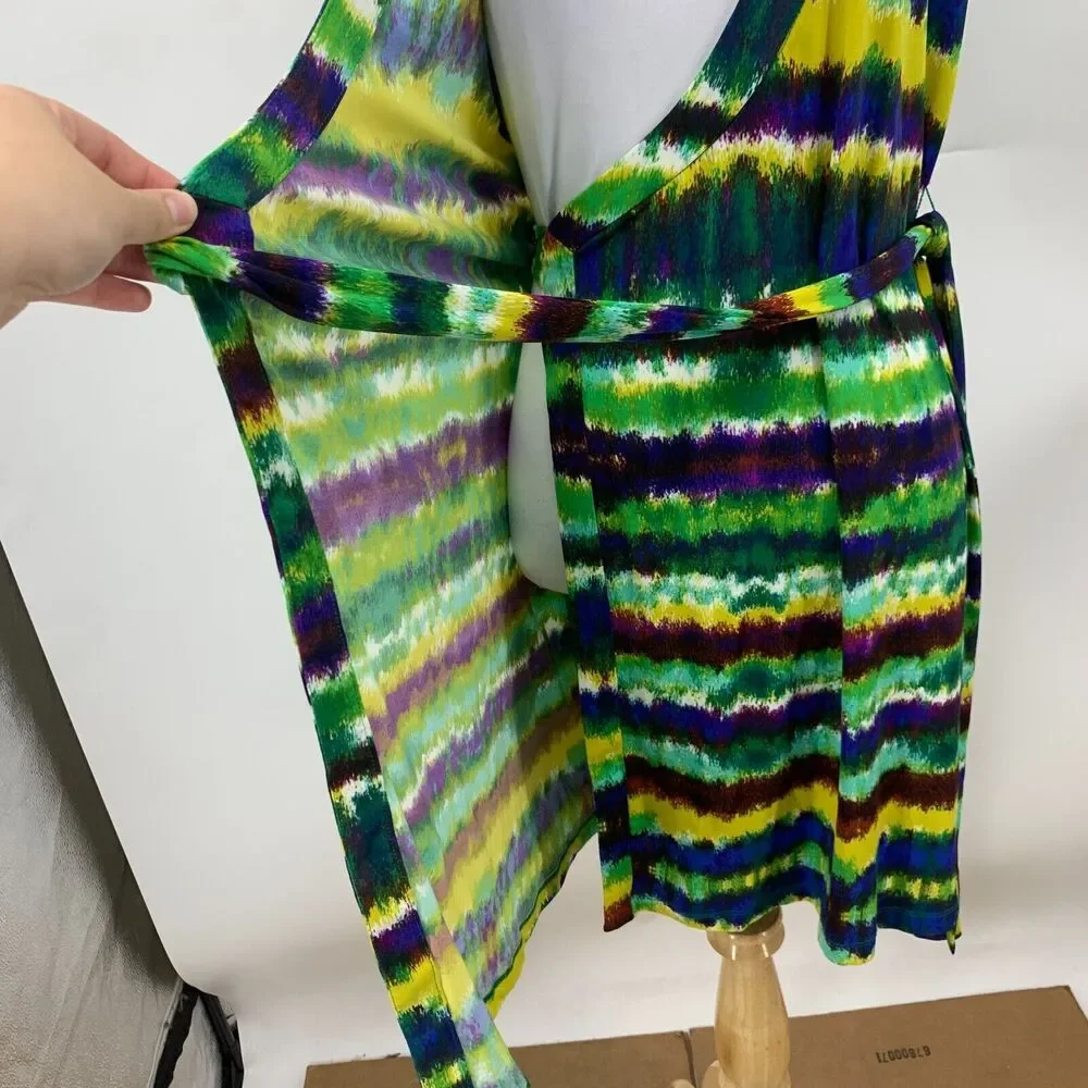 Calvin Klein Tie Dye Wrap Womens 4 Cap Sleeve Plunge V Neck Collar Waist Tie